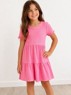 Cat & Jack Pink Ribbed Tiered Dress Girls Size S 6/7 GUC